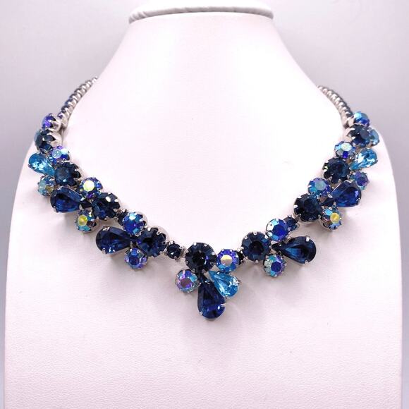 Weiss Stunning Vintage AB Royal Blue Rhinestones Necklace 16” - Picture 5 of 7